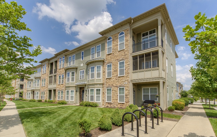 Exterior view of a Fishers apartment building.