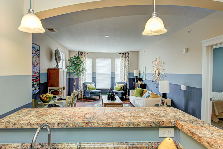 Kitchen and living room view at Union Street Flats Apartments.